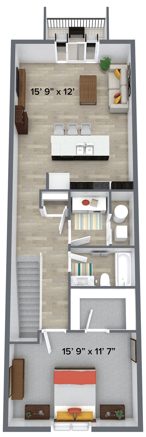 a 3d rendering of a studio apartment with a bedroom and a living room